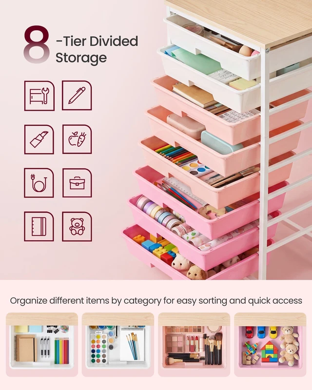 Alt view image 6 of 7 - Rolling Cart with Drawers, Craft Organizers and Storage Pink and White, Wooden Tabletop, 8 Drawers, Office, Classroom, Craft Room, Dorm, 15.6 x 11.2 x 30.1 in, ULRC006S101