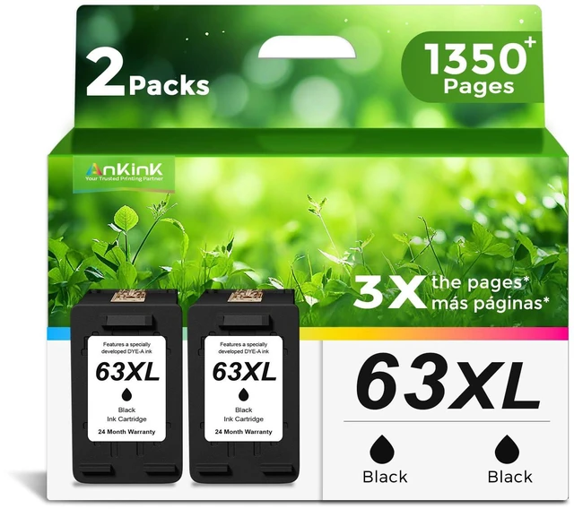 Main image of 63XL Black Ink Cartridges Replacement for HP 63 XL HP63XL (2-Pack) Work with HP63 3830 4650 4652 4655 5200 5252 5255 5258 4520 4512 1112 2132 3630 3632 3631 2130 4510 4654 Printers 2 BK