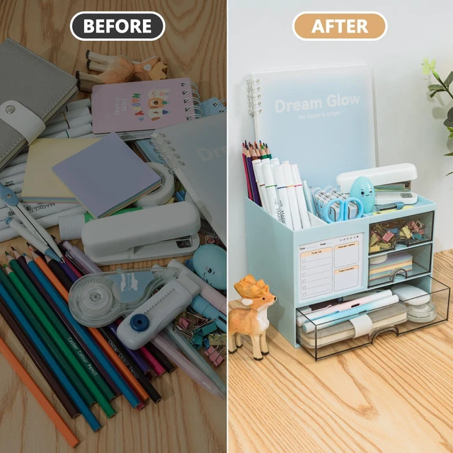 Alt view image 3 of 6 - Desk Organizer with 3 Drawer, Multi-Functional Pencil Pen Holder for Desk, Desk Organizers and Storage with 8 Compartments, Desktop Organizer for Office Home Art Supplies (Blue)