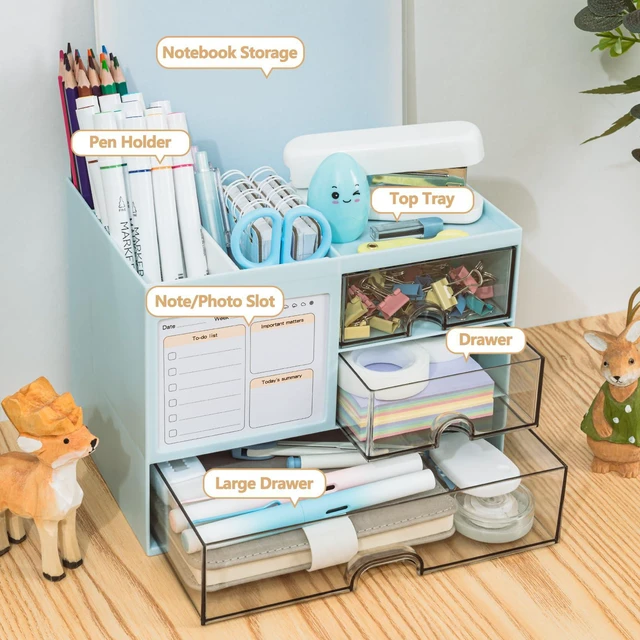 Alt view image 2 of 6 - Desk Organizer with 3 Drawer, Multi-Functional Pencil Pen Holder for Desk, Desk Organizers and Storage with 8 Compartments, Desktop Organizer for Office Home Art Supplies (Blue)