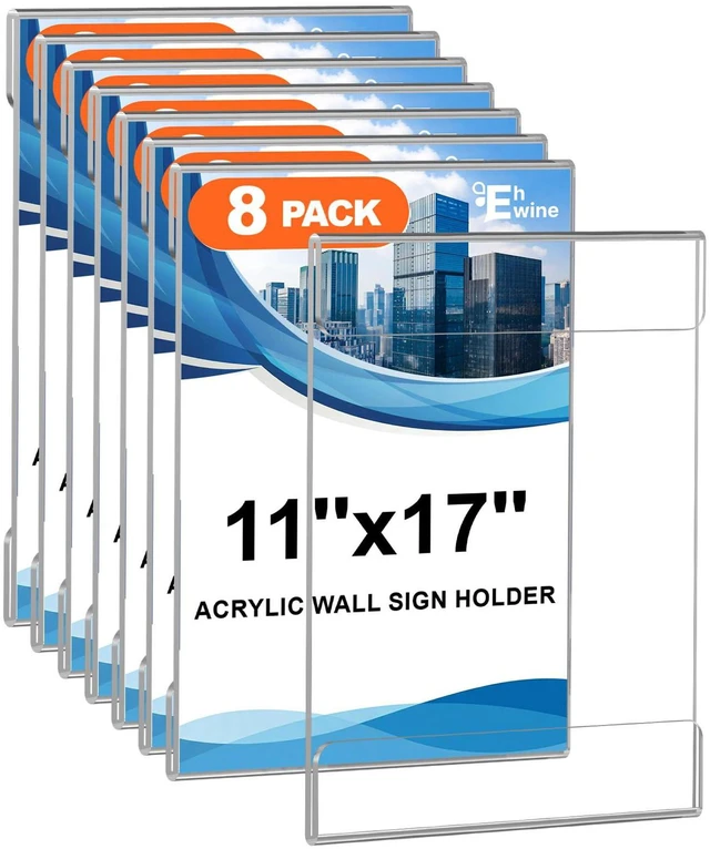 Main image of Acrylic Sign Holder 11 x 17 Wall Mount with Tape, 8 Pack Vertical Sturdy Clear Vertical Wall Display with Secure Adhesive for Smooth Surfaces and Easy Paper Changes in Offices and Stores