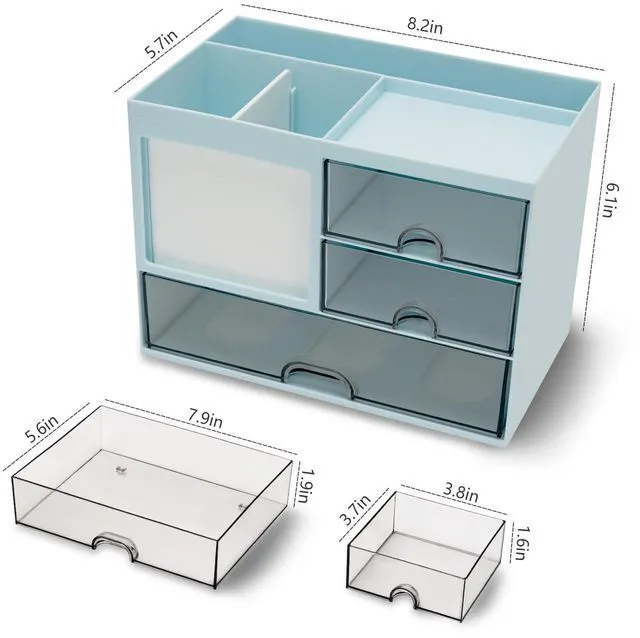 Alt view image 6 of 6 - Desk Organizer with 3 Drawer, Multi-Functional Pencil Pen Holder for Desk, Desk Organizers and Storage with 8 Compartments, Desktop Organizer for Office Home Art Supplies (Blue)
