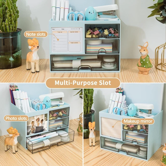 Alt view image 4 of 6 - Desk Organizer with 3 Drawer, Multi-Functional Pencil Pen Holder for Desk, Desk Organizers and Storage with 8 Compartments, Desktop Organizer for Office Home Art Supplies (Blue)