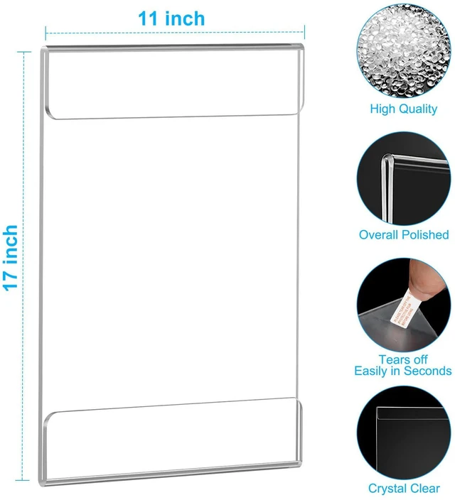 Alt view image 3 of 7 - Acrylic Sign Holder 11 x 17 Wall Mount with Tape, 8 Pack Vertical Sturdy Clear Vertical Wall Display with Secure Adhesive for Smooth Surfaces and Easy Paper Changes in Offices and Stores