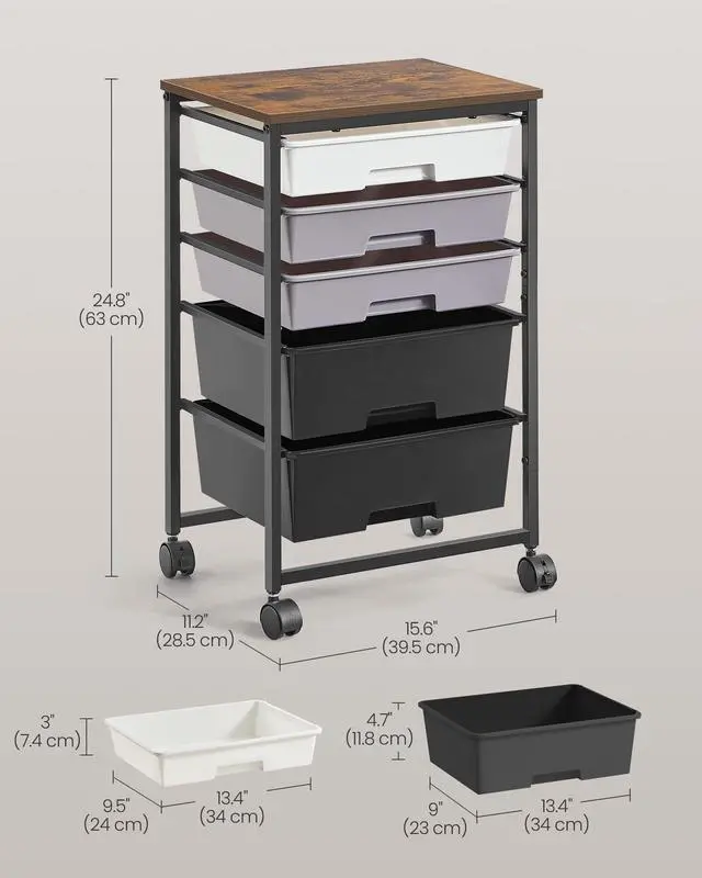 Alt view image 3 of 7 - Rolling Cart with Drawers,5 Drawers Storage Cart, Black Utility Cart, Craft Organizers and Storage, 15.6 x 11.2 x 24.8 inch, for Classroom, Office, Dorm, Metal, ULRC005B101