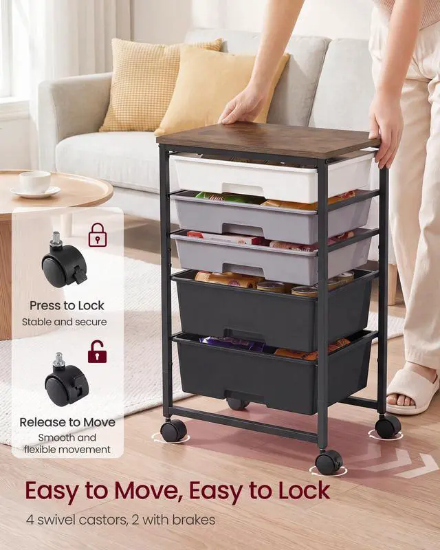Alt view image 5 of 7 - Rolling Cart with Drawers,5 Drawers Storage Cart, Black Utility Cart, Craft Organizers and Storage, 15.6 x 11.2 x 24.8 inch, for Classroom, Office, Dorm, Metal, ULRC005B101