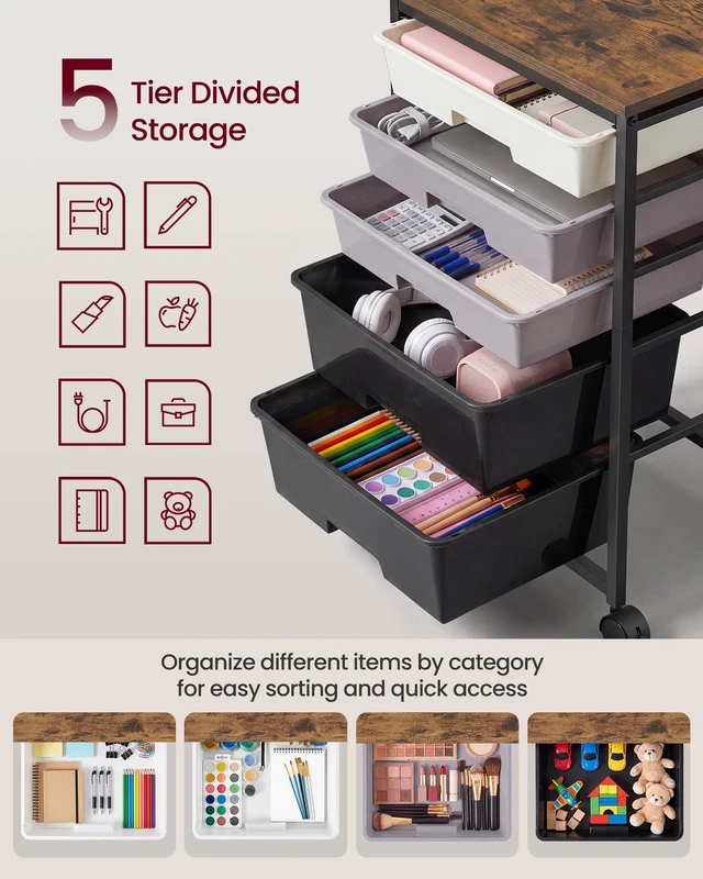 Alt view image 6 of 7 - Rolling Cart with Drawers,5 Drawers Storage Cart, Black Utility Cart, Craft Organizers and Storage, 15.6 x 11.2 x 24.8 inch, for Classroom, Office, Dorm, Metal, ULRC005B101