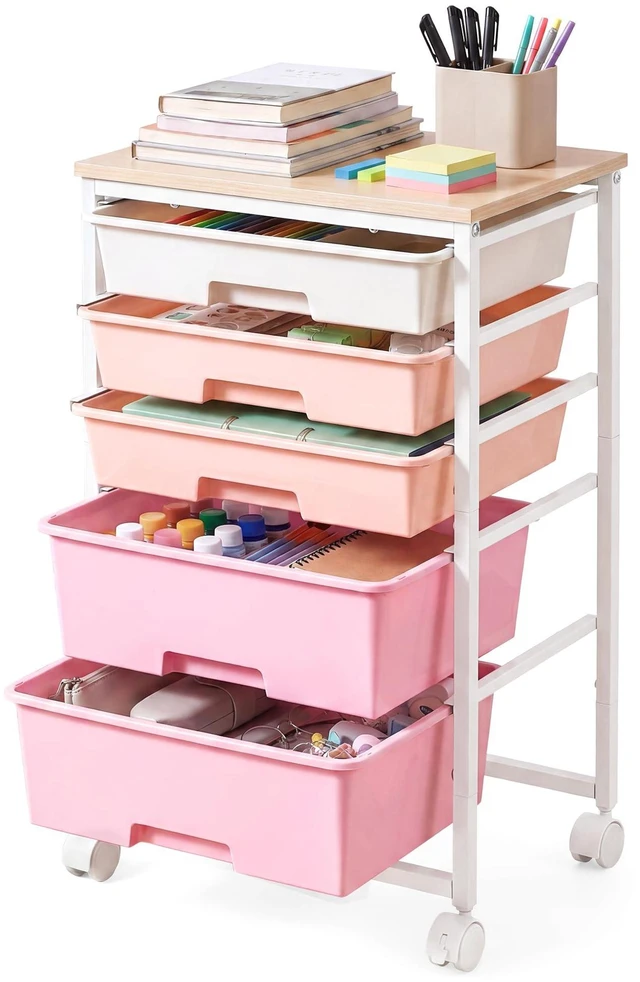 Main image of Rolling Cart with Drawers,5 Drawers Storage Cart, Pink Utility Cart, Craft Organizers and Storage, 15.6 x 11.2 x 24.8 inch, for Classroom, Office, Dorm, Metal, ULRC005S101