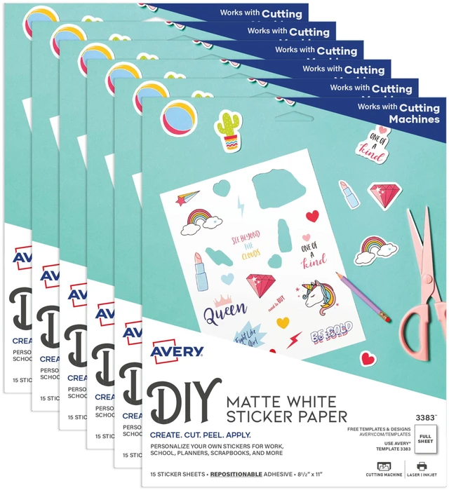 Main image of Printable Sticker Paper, 8.5" x 11", Matte White, Repositionable Adhesive, Laser/Inkjet Compatible, 90 Full-Size Label Sheets, Great for Product Labels, Cute Stickers, and More (6-Pack of 3383)