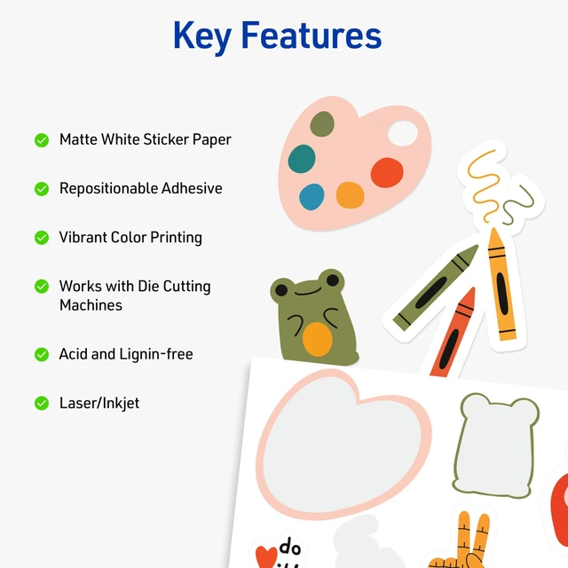 Alt view image 2 of 7 - Printable Sticker Paper, 8.5" x 11", Matte White, Repositionable Adhesive, Laser/Inkjet Compatible, 90 Full-Size Label Sheets, Great for Product Labels, Cute Stickers, and More (6-Pack of 3383)