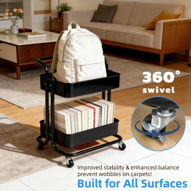Alt view image 2 of 7 - 2 Tier Rolling Utility Cart with Wheels All-Metal Short Pantry Cart Under Desk Storage Trolley with Handle, Small Rolling Storage Shelf for Small Space Kitchen Laundry Room Bathroom, Black