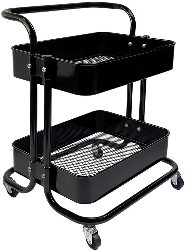 Main image of 2 Tier Rolling Utility Cart with Wheels All-Metal Short Pantry Cart Under Desk Storage Trolley with Handle, Small Rolling Storage Shelf for Small Space Kitchen Laundry Room Bathroom, Black