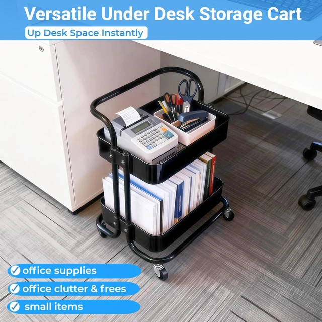 Alt view image 3 of 7 - 2 Tier Rolling Utility Cart with Wheels All-Metal Short Pantry Cart Under Desk Storage Trolley with Handle, Small Rolling Storage Shelf for Small Space Kitchen Laundry Room Bathroom, Black