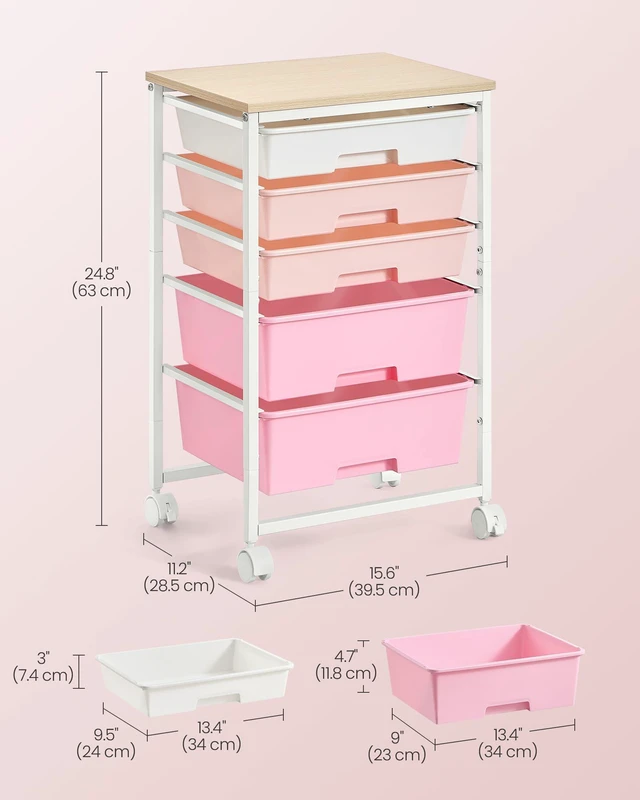 Alt view image 3 of 7 - Rolling Cart with Drawers,5 Drawers Storage Cart, Pink Utility Cart, Craft Organizers and Storage, 15.6 x 11.2 x 24.8 inch, for Classroom, Office, Dorm, Metal, ULRC005S101