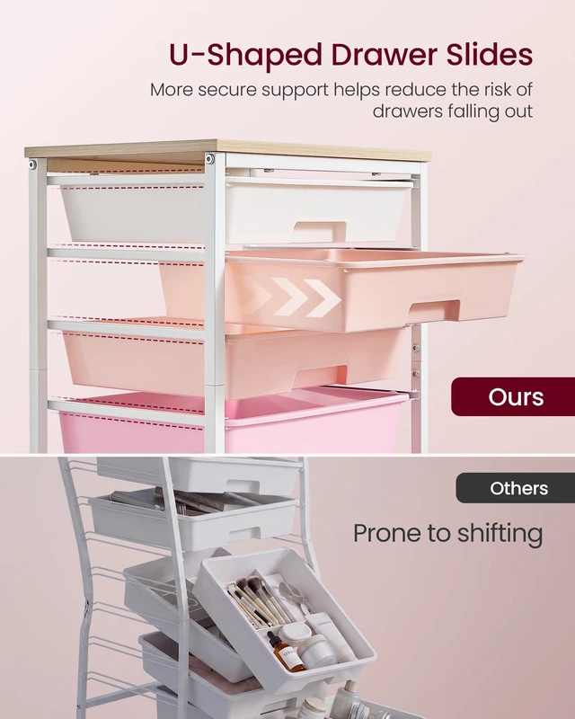 Alt view image 4 of 7 - Rolling Cart with Drawers,5 Drawers Storage Cart, Pink Utility Cart, Craft Organizers and Storage, 15.6 x 11.2 x 24.8 inch, for Classroom, Office, Dorm, Metal, ULRC005S101