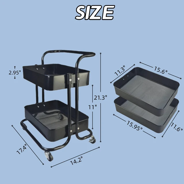 Alt view image 6 of 7 - 2 Tier Rolling Utility Cart with Wheels All-Metal Short Pantry Cart Under Desk Storage Trolley with Handle, Small Rolling Storage Shelf for Small Space Kitchen Laundry Room Bathroom, Black