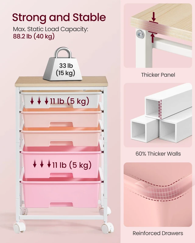 Alt view image 7 of 7 - Rolling Cart with Drawers,5 Drawers Storage Cart, Pink Utility Cart, Craft Organizers and Storage, 15.6 x 11.2 x 24.8 inch, for Classroom, Office, Dorm, Metal, ULRC005S101