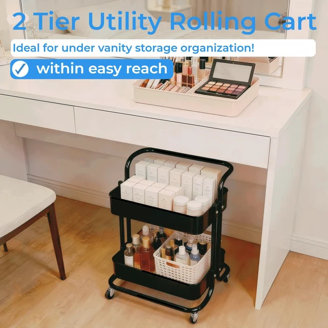Alt view image 5 of 7 - 2 Tier Rolling Utility Cart with Wheels All-Metal Short Pantry Cart Under Desk Storage Trolley with Handle, Small Rolling Storage Shelf for Small Space Kitchen Laundry Room Bathroom, Black