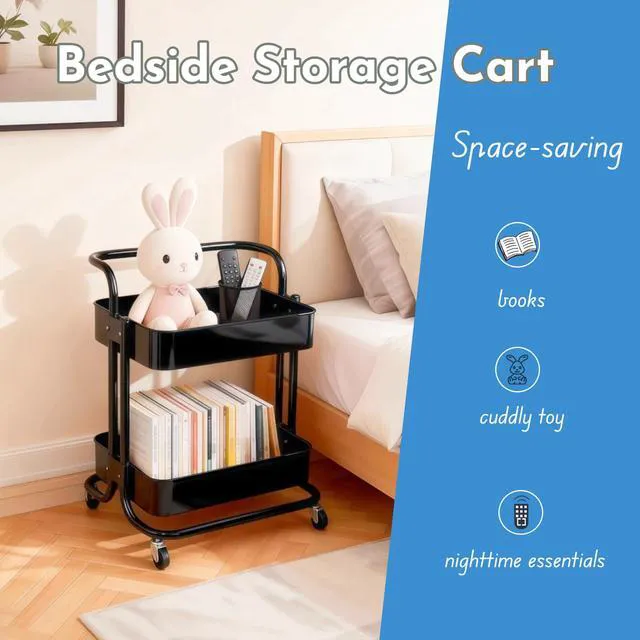Alt view image 7 of 7 - 2 Tier Rolling Utility Cart with Wheels All-Metal Short Pantry Cart Under Desk Storage Trolley with Handle, Small Rolling Storage Shelf for Small Space Kitchen Laundry Room Bathroom, Black