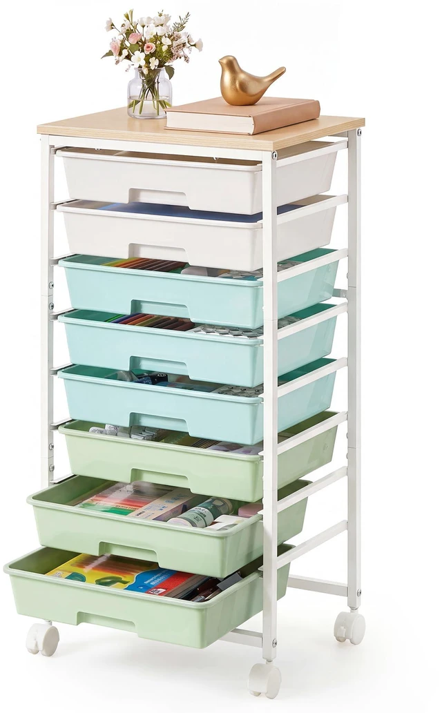 Main image of Rolling Cart with Drawers, Craft Organizers and Storage Green and White, Wooden Tabletop, 8 Drawers, Office, Classroom, Craft Room, Dorm, 15.6 x 11.2 x 30.1 in, ULRC006S101