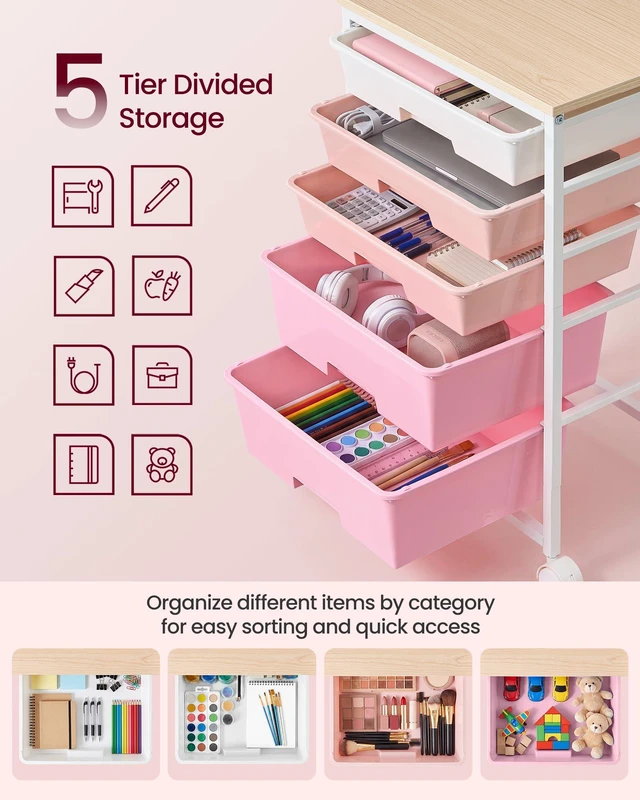 Alt view image 6 of 7 - Rolling Cart with Drawers,5 Drawers Storage Cart, Pink Utility Cart, Craft Organizers and Storage, 15.6 x 11.2 x 24.8 inch, for Classroom, Office, Dorm, Metal, ULRC005S101