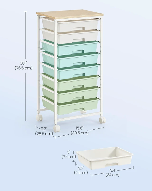 Alt view image 3 of 7 - Rolling Cart with Drawers, Craft Organizers and Storage Green and White, Wooden Tabletop, 8 Drawers, Office, Classroom, Craft Room, Dorm, 15.6 x 11.2 x 30.1 in, ULRC006S101