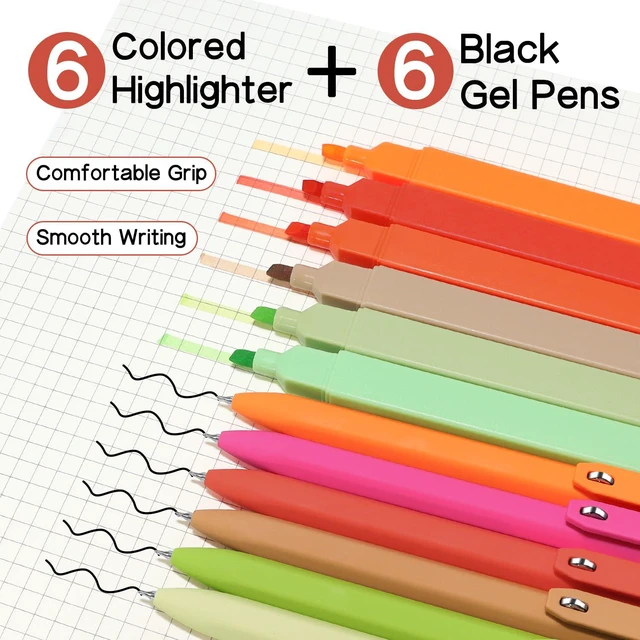 Alt view image 2 of 7 - Highlighters and Pens Set,12 Pack,No Bleed and Quick-Drying 0.5mm Black Ink Gel Pens 6pcs & Chisel Tip Highlighters Assorted Colors 6pcs for Journaling,Office,Back to School Supplies