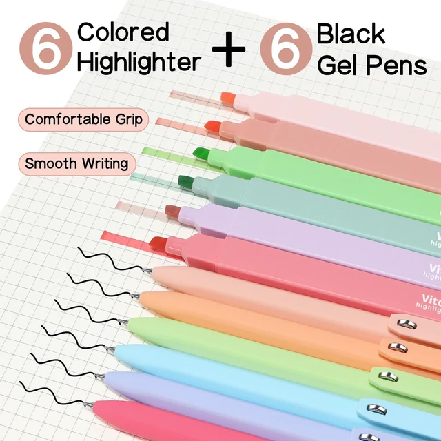 Alt view image 2 of 7 - Aesthetic Highlighters and Gel Pens,12pcs Cute Stationary Set Assorted Colors Chisel Tip Highlighters,0.5mm Black Ink Pens for Journaling Planner Notes Back to School Supplies