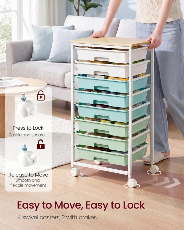 Alt view image 5 of 7 - Rolling Cart with Drawers, Craft Organizers and Storage Green and White, Wooden Tabletop, 8 Drawers, Office, Classroom, Craft Room, Dorm, 15.6 x 11.2 x 30.1 in, ULRC006S101