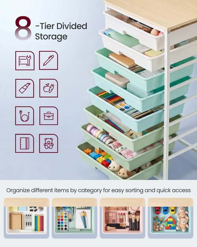 Alt view image 6 of 7 - Rolling Cart with Drawers, Craft Organizers and Storage Green and White, Wooden Tabletop, 8 Drawers, Office, Classroom, Craft Room, Dorm, 15.6 x 11.2 x 30.1 in, ULRC006S101
