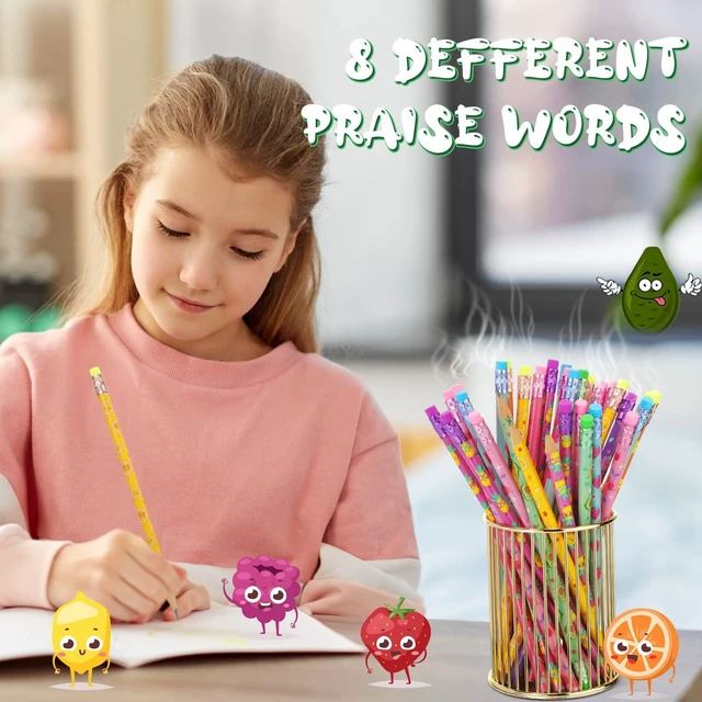 Alt view image 2 of 6 - 200 Pcs Scented Pencils Bulk for Kids Fun Wood Pencils Inspirational Quotes, Fruit Elements Designs with Erasers, for Office School Classroom Students, Rewards Party Favors