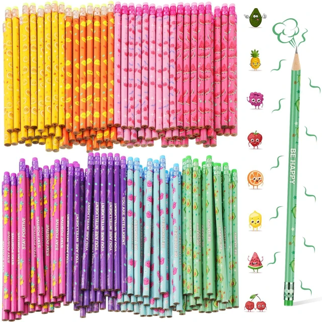 Main image of 200 Pcs Scented Pencils Bulk for Kids Fun Wood Pencils Inspirational Quotes, Fruit Elements Designs with Erasers, for Office School Classroom Students, Rewards Party Favors