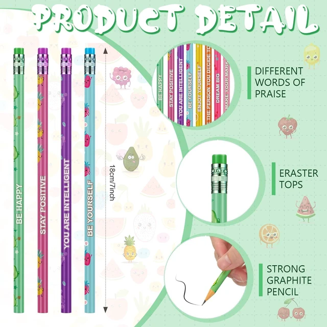 Alt view image 3 of 6 - 200 Pcs Scented Pencils Bulk for Kids Fun Wood Pencils Inspirational Quotes, Fruit Elements Designs with Erasers, for Office School Classroom Students, Rewards Party Favors