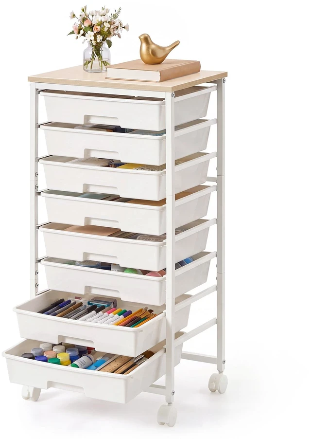 Main image of Rolling Cart with Drawers, Craft Organizers and Storage, White Wooden Tabletop, 8 Drawers, Office, Classroom, Craft Room, Dorm, 15.6 x 11.2 x 30.1 in, BENCO Collection ULRC006W101