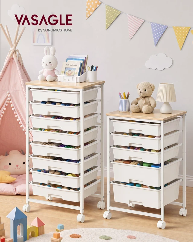 Alt view image 2 of 7 - Rolling Cart with Drawers, Craft Organizers and Storage, White Wooden Tabletop, 8 Drawers, Office, Classroom, Craft Room, Dorm, 15.6 x 11.2 x 30.1 in, BENCO Collection ULRC006W101