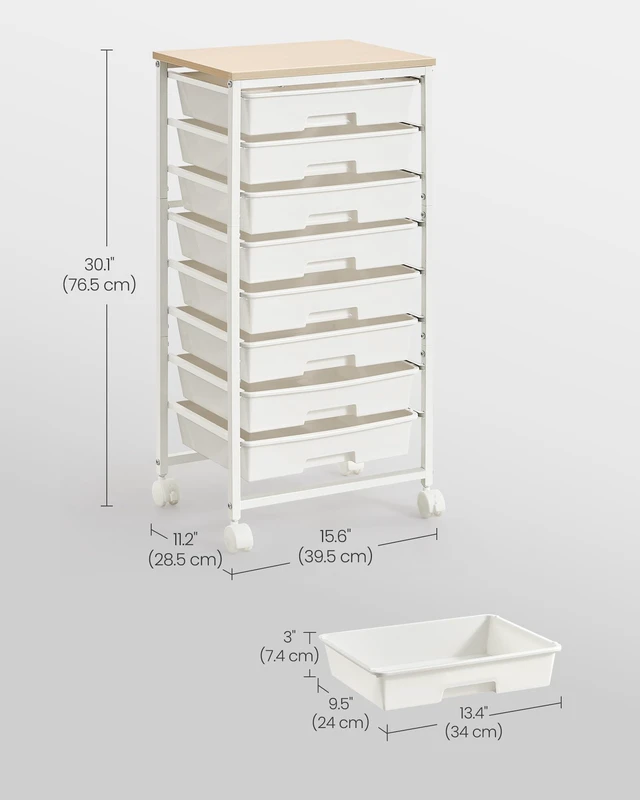 Alt view image 3 of 7 - Rolling Cart with Drawers, Craft Organizers and Storage, White Wooden Tabletop, 8 Drawers, Office, Classroom, Craft Room, Dorm, 15.6 x 11.2 x 30.1 in, BENCO Collection ULRC006W101