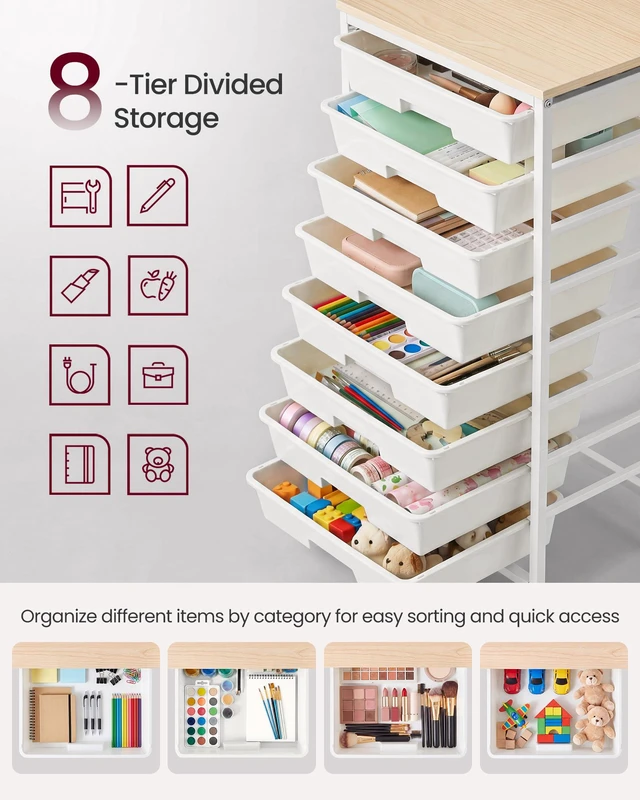 Alt view image 6 of 7 - Rolling Cart with Drawers, Craft Organizers and Storage, White Wooden Tabletop, 8 Drawers, Office, Classroom, Craft Room, Dorm, 15.6 x 11.2 x 30.1 in, BENCO Collection ULRC006W101