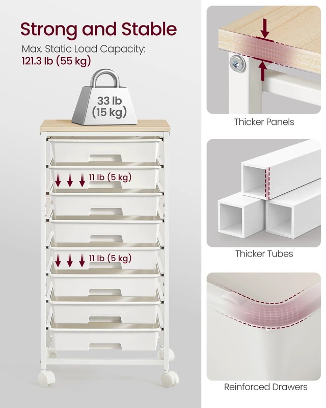 Alt view image 7 of 7 - Rolling Cart with Drawers, Craft Organizers and Storage, White Wooden Tabletop, 8 Drawers, Office, Classroom, Craft Room, Dorm, 15.6 x 11.2 x 30.1 in, BENCO Collection ULRC006W101