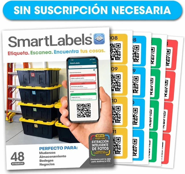 Main image of SmartLabels - Etiquetas QR en Español - Con App de Análisis de Fotos IA - Crea Descripciones Sin Escribir - para Inventario Fácil, Organización de Bodegas o Etiquetas de Mudanza - Paquete de 48