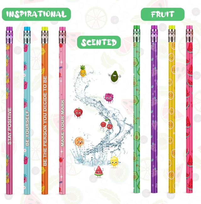 Alt view image 5 of 6 - 200 Pcs Scented Pencils Bulk for Kids Fun Wood Pencils Inspirational Quotes, Fruit Elements Designs with Erasers, for Office School Classroom Students, Rewards Party Favors