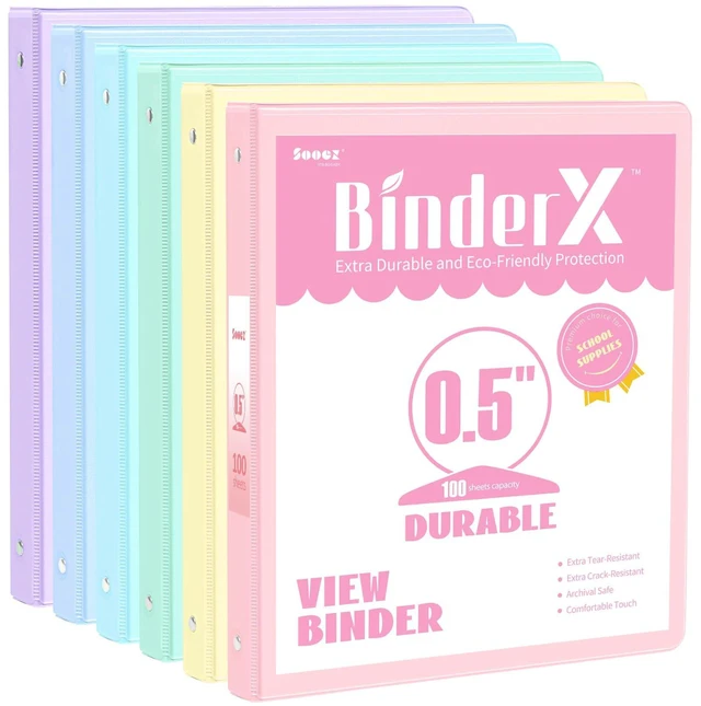Main image of 3 Ring Binders 1/2 Inch 6 Pack, 0.5" Three Ring Binder with Pockets Extra Durable, Eco-Friendly, PVC-Free, Reinforced Hinge, 600-Sheet Capacity, Interior Pockets, Customizable, School, Office