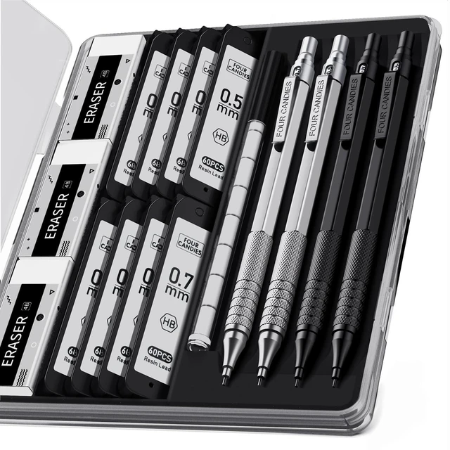 Main image of 4PCS Metal Mechanical Pencil Set, 0.5mm+0.7mm, Storage Case, BlackSilver 480 Lead Refills, 3 Erasers, 9 Eraser Refills, Smooth Writing, Anti Grip, for Sketching, Technical Drawing, Art Projects