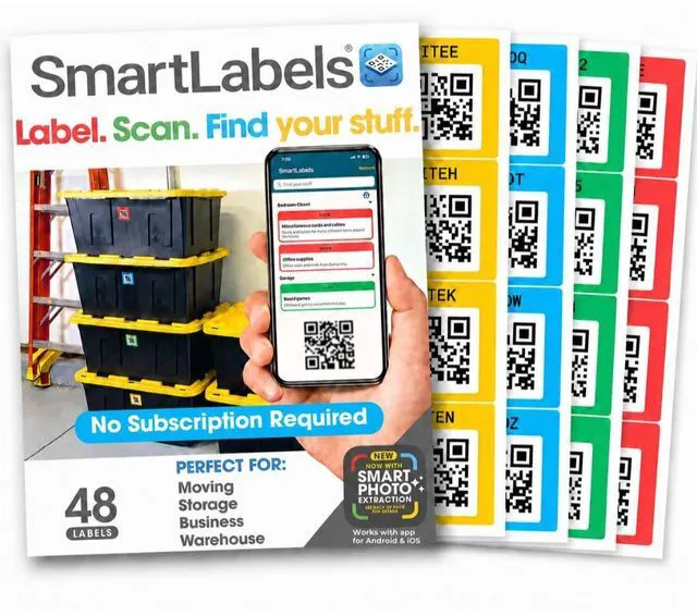 Main image of QR Code Stickers with AI Photo Analysis App - Auto-Creates Item Descriptions - No Typing - Made in USA - QR Code Labels for Storage & Inventory Tracking, Organization & Moving, Pack of 48