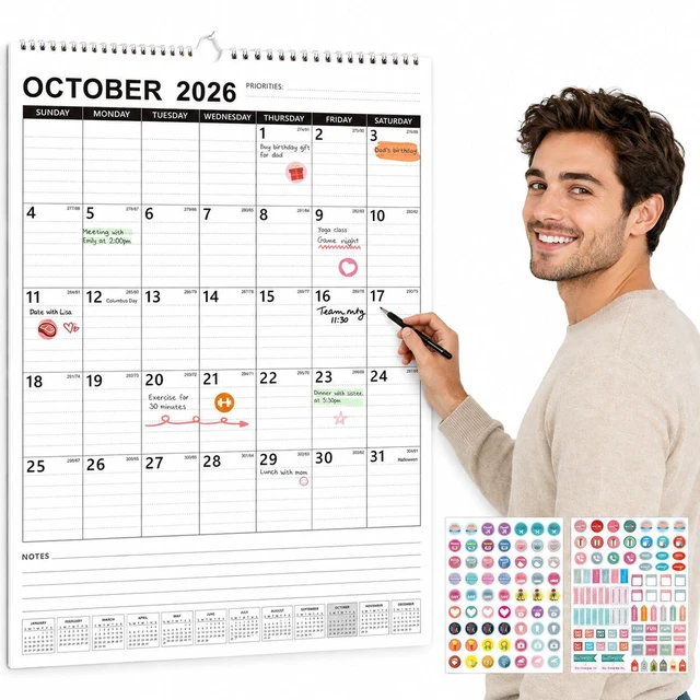 Main image of Large Wall Calendar 2027-2028 Hanging Calendar Oct 2026 - Jun 2028 15"x22" 21 Month Extra Large Layout, Spacious Lined Blocks, 120 GSM Thick Paper, Twin-Wire Binding, Bonus Planner Stickers