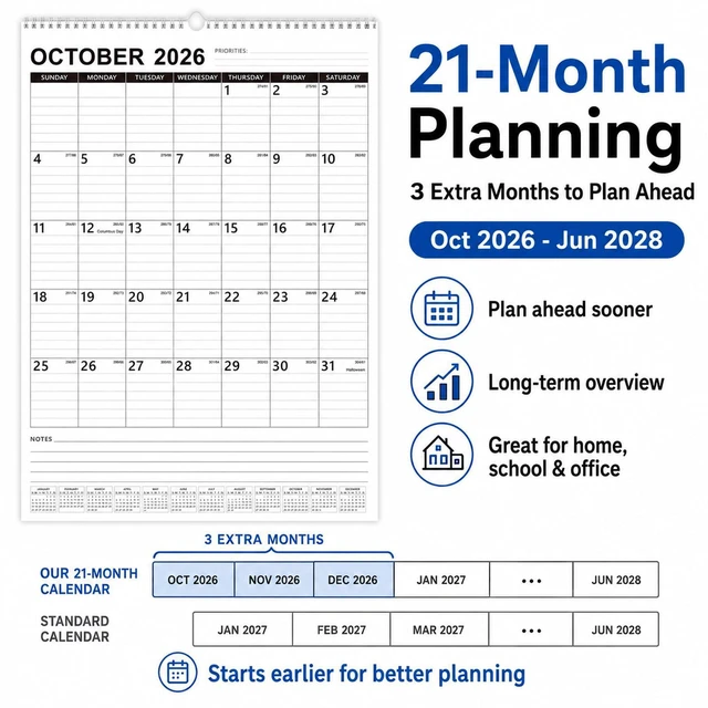 Alt view image 2 of 7 - Large Wall Calendar 2027-2028 Hanging Calendar Oct 2026 - Jun 2028 15"x22" 21 Month Extra Large Layout, Spacious Lined Blocks, 120 GSM Thick Paper, Twin-Wire Binding, Bonus Planner Stickers