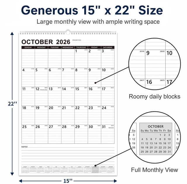 Alt view image 3 of 7 - Large Wall Calendar 2027-2028 Hanging Calendar Oct 2026 - Jun 2028 15"x22" 21 Month Extra Large Layout, Spacious Lined Blocks, 120 GSM Thick Paper, Twin-Wire Binding, Bonus Planner Stickers