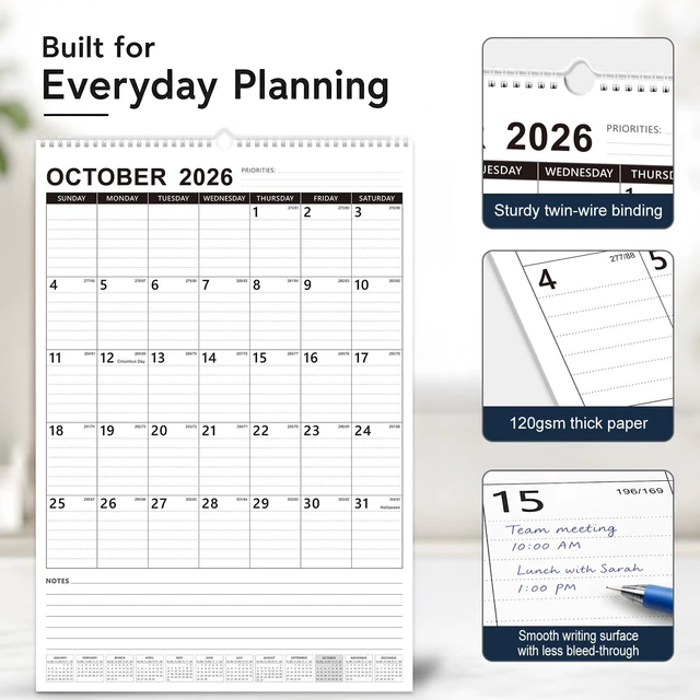 Alt view image 4 of 7 - Large Wall Calendar 2027-2028 Hanging Calendar Oct 2026 - Jun 2028 15"x22" 21 Month Extra Large Layout, Spacious Lined Blocks, 120 GSM Thick Paper, Twin-Wire Binding, Bonus Planner Stickers