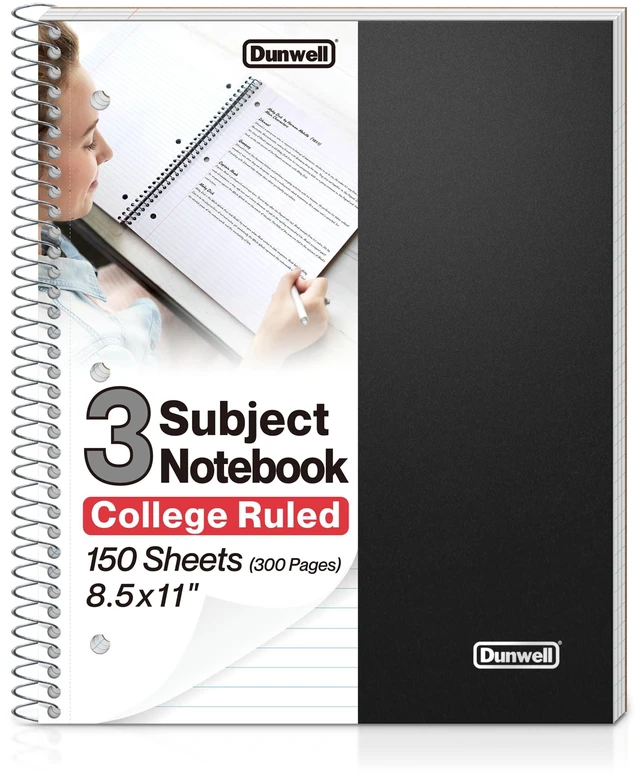 Main image of 3-Subject Spiral Notebook, College Ruled, 150 Sheets, Black 3 Subject Sections, College Ruled Pages, 150 Sheets, Durable Covers, 3-Hole Punched