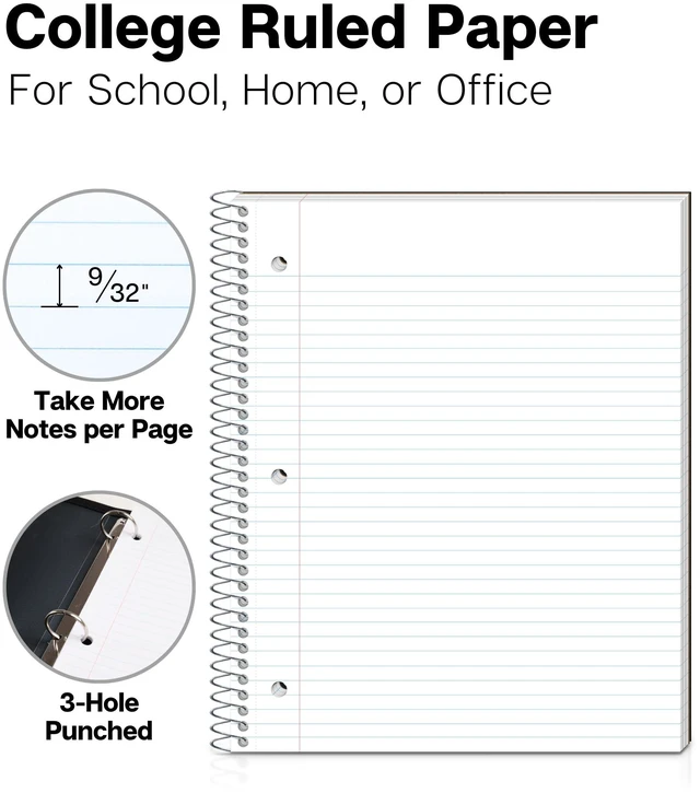 Alt view image 2 of 7 - 3-Subject Spiral Notebook, College Ruled, 150 Sheets, Black 3 Subject Sections, College Ruled Pages, 150 Sheets, Durable Covers, 3-Hole Punched