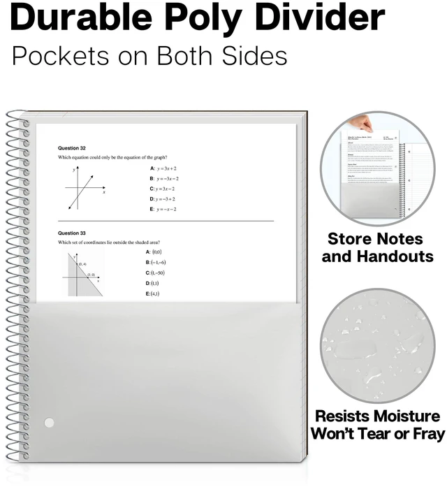 Alt view image 5 of 7 - 3-Subject Spiral Notebook, College Ruled, 150 Sheets, Black 3 Subject Sections, College Ruled Pages, 150 Sheets, Durable Covers, 3-Hole Punched